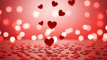 Falling red heart confetti against a romantic bokeh background