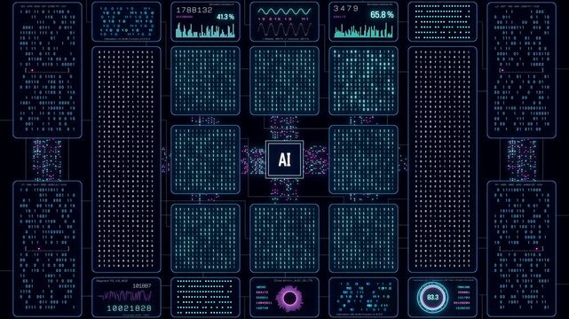Futuristic AI artificial intelligence system, deep learning, big data, machine learning. Data processing, technology, science,  analyzing, connection, data stream, binary code. 3D animation
