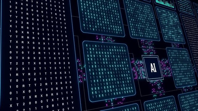 Data processing,  AI artificial intelligence system, deep learning, big data, machine learning. Technology, science,  analyzing, connection, data stream, binary code. 3D animation