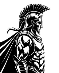 Courageous spartan warrior, helmeted with cape, evokes strength and historical valor, graphic art