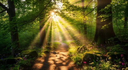 Obraz premium Sunlight streams through the trees in a magical forest. A path winds invitingly through the dense green foliage