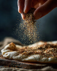 hand sprinkling zaatar spice mix over food