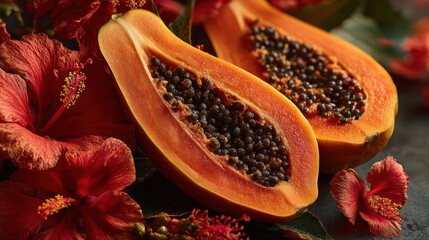 A ripe papaya cut open, revealing seeds, surrounded by vibrant red hibiscus blooms