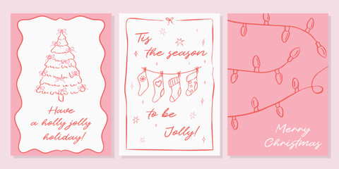 Set of vector hand drawn Christmas cards in pink,red and white colors with text. Three minimalistic posters in whimsical style