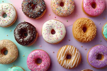 Colorful donuts arranged on a pastel background