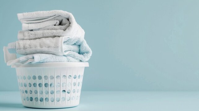Folded white towels in a plastic basket against a pastel background emphasise cleanliness and comfort, making it ideal for advertising household chemicals or bathroom accessories  