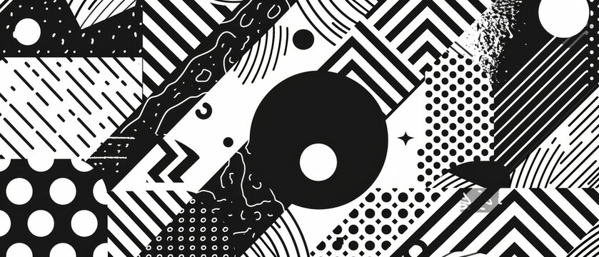 A black-and-white geometric collage with dynamic patterns and shapes will add energy to poster or album cover designs as a decorative background.