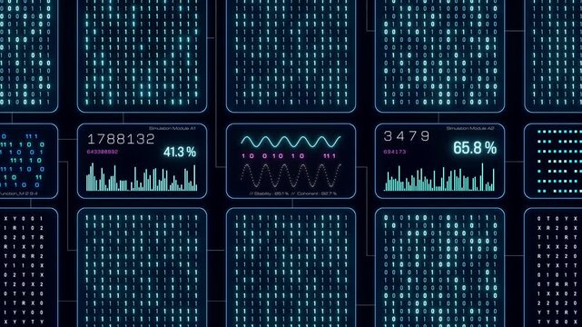 Data processing, deep learning, big data, binary code, machine learning. Technology, science, analysis, connection, data stream, encryption. 3D animation