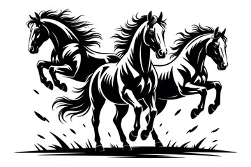 Three horses running in black and white illustration with grass at the bottom