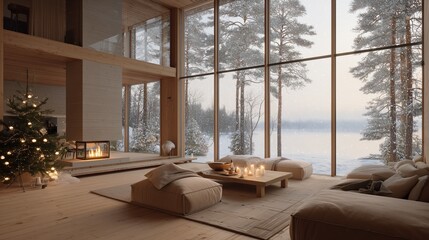 Naklejka premium Cozy winter evening in a modern cabin with a lake view and festive decorations