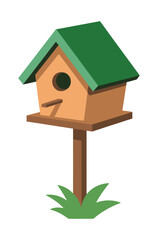 Illustration of a birdhouse with a green roof and a wooden post on a white background