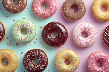 Colorful glazed donuts arranged on pastel background