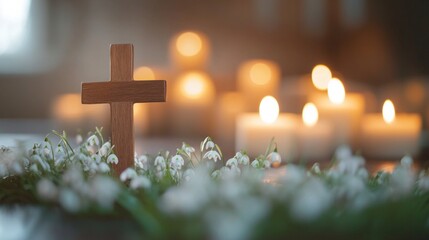A symbolic cross among white flowers and candles conveys the theme of remembrance and peace, which is suitable for a mourning or memorial background.