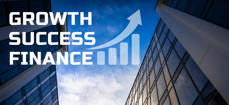 Growth Success Finance Text And Upward Bar Chart Overlaying Modern Corporate Towers Against A Dramatic Sky
