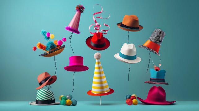Bright, colourful hats floating above a blue background create a festive atmosphere for a creative background in invitation designs or advertising banners.