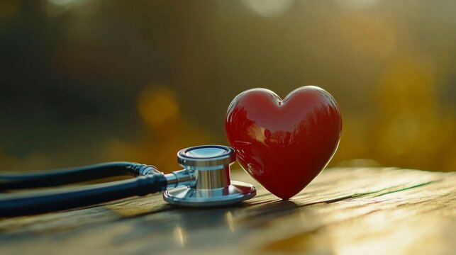 The heart and stethoscope on a wooden surface convey a concern for health, which will be a harmonious backdrop for medical websites or social campaigns promoting a healthy lifestyle.