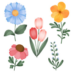 Cute and Colorful Vintage Floral Illustration Set with Blue, Yellow, and Pink Blossom Flowers, Decorative Leaves, and Soft Textured Hand-Drawn Elements