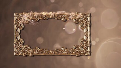 Elaborate golden baroque frame with ornate rococo flourishes and open center for text or image, sparkling particle dust and soft bokeh background for luxurious invitations - Powered by Adobe