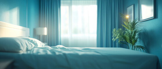 A cosy bedroom with blue tones and a plant by the window conveys tranquillity and is ideal for a relaxing backdrop in interior design.