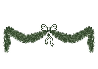 Festive pine garland with decorative bow isolated on a white backdrop for seasonal graphic design elements