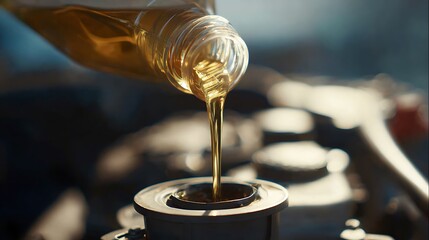 Pouring fresh motor oil into a car engine for maintenance and care.