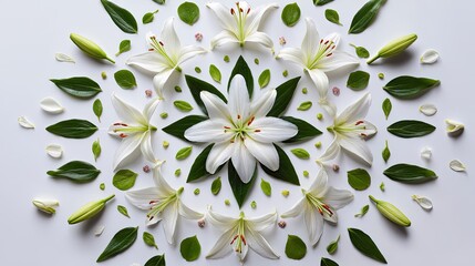 White lilies and leaves arranged in a symmetrical mandala pattern on a white surface