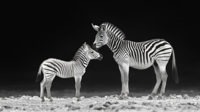 The tender interaction between a zebra and its foal against a dark background perfectly emphasises the theme of family values or natural harmony in documentary projects.