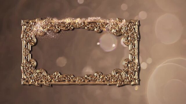 Elaborate golden baroque frame with ornate rococo flourishes and open center for text or image, sparkling particle dust and soft bokeh background for luxurious invitations