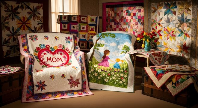 A collection of beautifully designed quilts, showcasing intricate patterns and vibrant colors. The quilts are displayed elegantly, offering a glimpse into the art of quilting