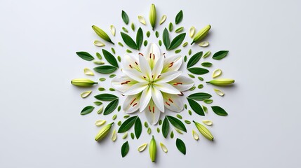White lily flower mandala, leaves, petals