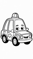 Children’s police coloring page featuring a friendly police car with siren, badge and wheels. Thin black outline with simple clear contours and many interior details. Black and white printable workshe