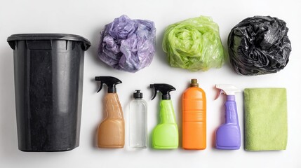 Plastic waste and cleaning supplies arranged