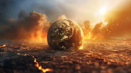 A dramatic depiction of the global climate crisis shows the Earth engulfed in flames, highlighting the catastrophic consequences of climate change — the perfect atmospheric backdrop 