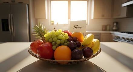 A vibrant bowl of fresh fruits displayed on a kitchen counter in the sunlight. Fruits arranged include apples, grapes, oranges, pineapple and bananas
