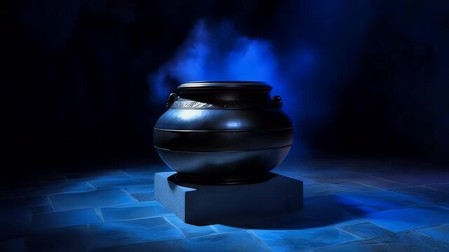 Dark cauldron illuminated with dramatic lighting and atmospheric effects
