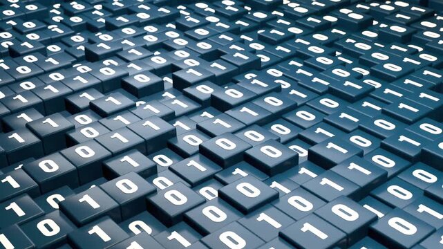 Abstract black cubes with binary code, technology, big data. Machine learning, AI, artificial intelligece, science, code, encryption, one and zero. 3D animation