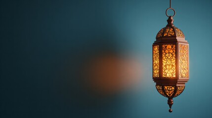 Ornate metal lantern glows warmly against a dark teal background with ample copy space