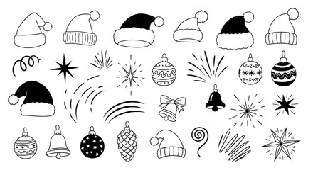 Christmas festive decorations and hats in black and white illustration.