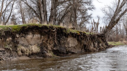 A riverbank eroded, trees stand bare, with exposed earth and vegetation