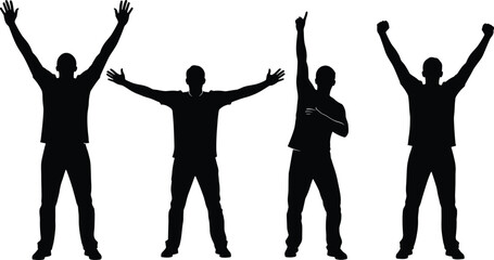 Silhouettes of a man celebrating with raised arms in various victory poses, success, achievement, motivation, triumphant expression