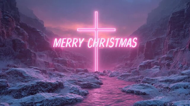 Neon cross and Merry Christmas text in a snowy mountain landscape a modern religious illustration for holiday greetings and seasonal designs - Powered by Adobe