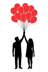 Silhouette of a couple holding a bunch of red heart shaped balloons in the air high