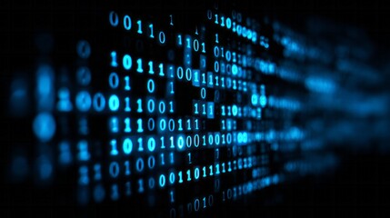 Digital binary code flows across a dark background with a shallow depth of field effect