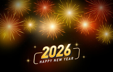 Golden fireworks background for new year celebration. Vector template for anniversary, Independence day, banner, party.