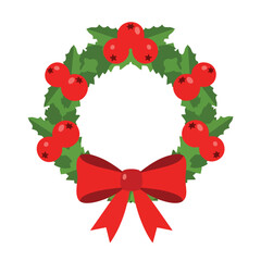 Festive holiday wreath with red berries and a bow on a white background for seasonal decoration purposes