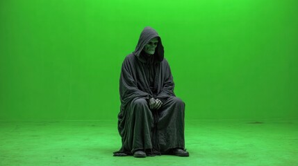 A robed skeleton, hood up, sits solemnly on a chroma key green screen background