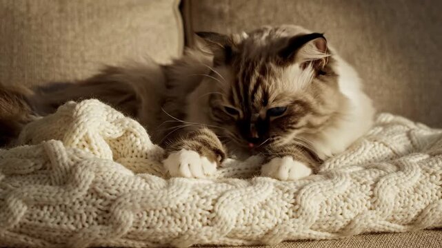 Majestic Long Haired Cat Relaxing on a Textured Cream Knitted Blanket Indoors Warm Natural Sunlight Illuminates Soft Fur Detailed Whiskers and Blue Eyes Cozy Domestic Animal Scene
