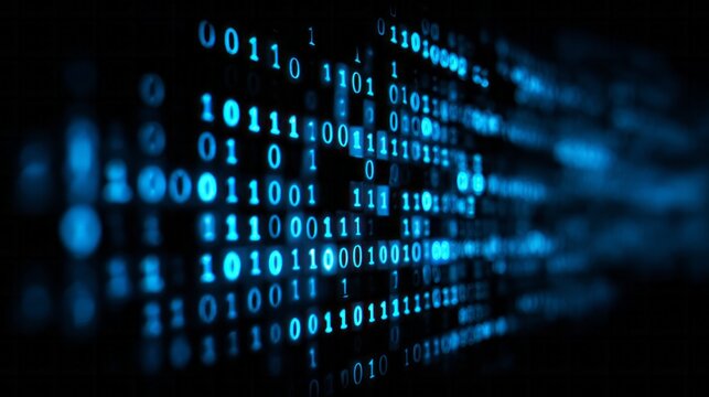 Digital binary code flows across a dark background with a shallow depth of field effect