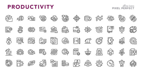 Productivity linear icon set. Containing development, setting, setup, workflow, gear, streamlining, lean processes, time, and editable stroke icons