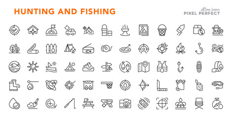 Haunting and fishing line icon set. Fish, fisher, hunt, outdoor, leisure, baitcamp, arrow, point, binoculars, editable stroke icons